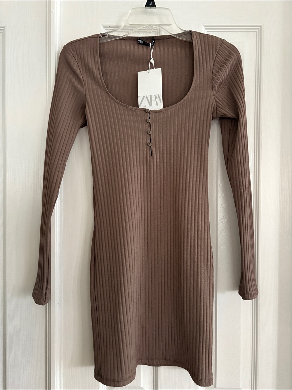 ZARA tight Ribbed Brown Long Sleeve Scoop Neck Dress in Brown Women’s small NWT